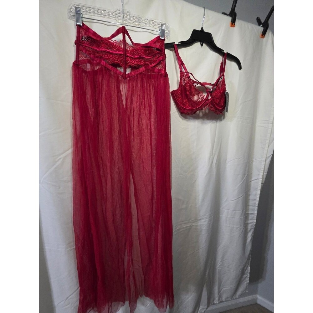 LOVE YOU SEXY Red Sheer Lace Babydoll Nightie 34C Underwire Bra M Mesh Skirt
